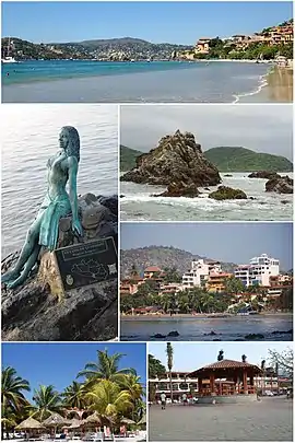 Above, from left to right: Panoramic beach 'La Ropa', Statue on the coast that represents Acapulco in Zihuatanejo, Rocks in the bay, Hotels in Playa Madero, Playa Cuachalalate and Playa La Ropa.