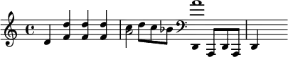 {\set Staff.midiInstrument = #"muted trumpet" d' <f' d''>4 <f' d''>4<f' d''>4 <<{a'2} {c''8 d''8 c''8 bes'8}>> <<{a'1} {\set Staff.midiInstrument = #"timpani" \clef bass d,8 a,, d, a,, d,4}>>}