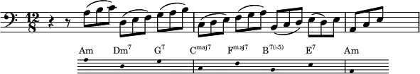  
{ \new Staff \relative c' { 
   \set Staff.midiInstrument = #"cello" \key c \major \clef bass \time 12/8
   r r8 << {a( b c) | d,( e f) g( a b) | c,( d e) f( g a) | b,( c d) e( d) e | a, c e}
   \new Staff = "chords" \with {
      \remove "Time_signature_engraver"
      \magnifyStaff #2/3
      firstClef = ##f
    } \relative c' 
 { \set Staff.midiInstrument = #"cello" \key c \major \clef bass
 {\hide Stem a8 s s d, s s g s s c, s s f s s b, s s e s s a, s s}}
\addlyrics \with { alignAboveContext = "chords" } { \override LyricText.font-size = #-1.5 Am \markup{\concat{Dm\super{7}}} \markup{\concat{G\super{7}}} \markup{\concat{C\super{maj7}}} \markup{\concat{F\super{maj7}}} \markup{\concat{B\super{7(♭5)}}} \markup{\concat{E\super{7}}} Am
   } >>
 s1 s8
} }
