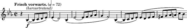  \new Staff \relative c' {
  \clef treble \time 2/2 \key ees \major \tempo "Frisch vorwarts." 2=72 \set Staff.midiInstrument = #"french horn"
  r4 bes-\f^\markup{\italic "(hervortretend)"}~(bes8 c d ees) ees4(d2)
  bes4(ees2~ees8 f g aes g4 f2) bes,4(~bes8 c d ees) ees(d ees f fis g aes a c[bes])
} 