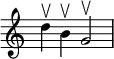  {
\override Score.TimeSignature
#'stencil = ##f
    \relative c'' {
        \time 4/4
        d4 \upbow b \upbow g2 \upbow
    }  }
