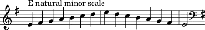  {
\override Score.TimeSignature #'stencil = ##f
\relative c' {
  \clef treble \key e \minor \time 7/4 e4^\markup "E natural minor scale" fis g a b c d e d c b a g fis e2 \clef bass \key e \minor
} }
