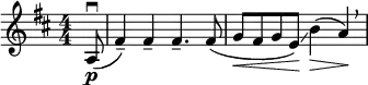  \relative c' { \set Score.tempoHideNote = ##t \tempo 4 = 76 \set Staff.midiInstrument = #"cello" \clef treble \key d \major \numericTimeSignature \time 4/4 \partial 8*1 a8\p(\downbow fis'4--) fis-- fis4.-- fis8( | g\< fis g e)\!\glissando b'4(\> a)\!\breathe } 