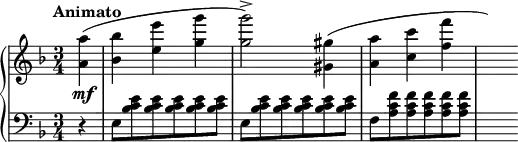 \relative c'' {\new PianoStaff<<\new Staff{\key f \major\time 3/4\partial 4\tempo "Animato"<<a\mf a'(>> <<bes, bes'>> <<e, e'>> <<g, g'>> <<g,2-> g')>> <<gis,,4 gis'(>> <<a, a'>> <<c, c'>> <<f, f'>> \hideNotes f)}\new Staff{\clef "bass"\key f \major r4 e,,,8 <<bes' c e>> <<bes c e>> <<bes c e>> <<bes c e>> <<bes c e>> e, <<bes' c e>> <<bes c e>> <<bes c e>> <<bes c e>> <<bes c e>> f, <<a c f>> <<a, c f>> <<a, c f>> <<a, c f>> <<a, c f>> \hideNotes f}>>}