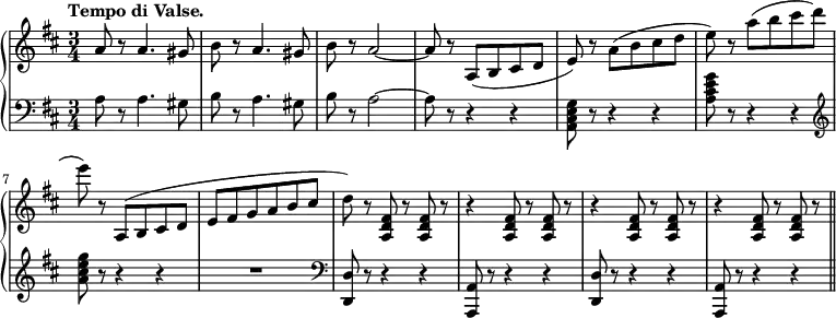 
 \relative b' {
  \new PianoStaff <<
   \new Staff {
    \key b \minor \time 3/4
    \set Score.tempoHideNote = ##t
    \tempo "Tempo di Valse." 2. = 64
    a8 r a4. gis8 | b r a4. gis8 | b r a2 ~ | a8 r a,8( b cis d | e) r a( b cis d | e) r a( b cis d | e) r a,,,( b cis d | e fis g a b cis |
    d) r <a, d fis>8 r <a d fis> r | r4 <a d fis>8 r <a d fis> r | r4 <a d fis>8 r <a d fis> | r r4 <a d fis>8 r <a d fis> r | \bar "||"
   }
   \new Staff {
    \key b \minor \time 3/4 \clef bass
    a8 r a4. gis8 | b r a4. gis8 | b r a2 ~ | a8 r r4 r | <g e cis a>8 r r4 r | <a cis e g>8 r r4 r | \clef treble <a' cis e g>8 r r4 r | R2. |
    \clef bass <d,,, d'>8 r r4 r | <a a'>8 r r4 r | <d d'>8 r r4 r | <a a'>8 r r4 r |
   }
  >>
 }
