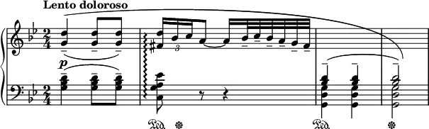 
\new PianoStaff \with { connectArpeggios = ##t } <<
  \new Staff = "up" { \relative c'' { \key g \minor \time 2/4 \clef treble
    \override Score.MetronomeMark #'padding = #4
    \set Score.tempoHideNote = ##t \tempo "Lento doloroso" 4 = 32
    \set Staff.midiInstrument = #"acoustic grand"
    \stemUp
    \once \override PhrasingSlur #'control-points = #'((0.69 . 4.69) (16.9 . 6.9) (69 . 6.9) (69 . -4))
    <g d'>4--(^\( q8-- q--) |
    \override TupletBracket #'stencil = ##f
    \override TupletNumber #'Y-offset = #-2
    \times 2/3 { <fis d'>16\arpeggio bes c } a8 ~ a16 bes32-- c-- bes-- a-- g-- fis-- |
    \change Staff = "down"
    <bes, d>4^-^( q^- | q2^-)\)
  }}
  \new Dynamics { s2\p }
  \new Staff = "down" { \relative c' { \key g \minor \time 2/4 \clef bass
    \set Staff.midiInstrument = #"acoustic grand"
    \stemDown
    <g bes d>4--( q8-- q--) |
    <c, g' a es'>8\arpeggio r r4
    <g d' g>4 q | q2
  }}
  \new Dynamics { s2 s16\sustainOn s4..\sustainOff s2\sustainOn s\sustainOff }
>>
