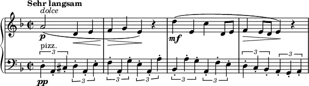 
\relative c'' {
  \new PianoStaff <<
    \new Staff {
      \set Staff.midiInstrument = #"piano" \key f \major \clef treble \time 2/2 \set Score.tempoHideNote = ##t \tempo "Sehr langsam" 2 = 22
      a2 ^\markup \italic { "dolce" } \p ( d,4 \< e4 |
      f4 \! \> g4 e4 ) \! r4 |
      d'4 \mf ( e,4 c'4 d,8 e8 |
      f4 \> e8 d8 e4 ) \! r4 |
    }
    \new Staff {
      \set Staff.midiInstrument = #"piano" \key f \major \clef bass \time 2/2
      \times 2/3 {
        d,4 \pp ^"pizz." -. a4 -. cis4 -.
      }
      \times 2/3 {
        d4 -. a4 -. e'4 -.
      } |
      \times 2/3 {
        f4 -. a,4 -. g'4 -.
      }
      \times 2/3 {
        e4 -. a,4 -. a'4 -.
      } |
      \times 2/3 {
        bes,4 -. a'4 -. g4 -.
      }
      \times 2/3 {
        a,4 -. f'4 -. e4 -.
      } |
      \times 2/3 {
        d4 -. c4 -. bes4 -.
      }
      \times 2/3 {
        a4 -. g4 -. a4 -.
      } |
    }
  >>
}
