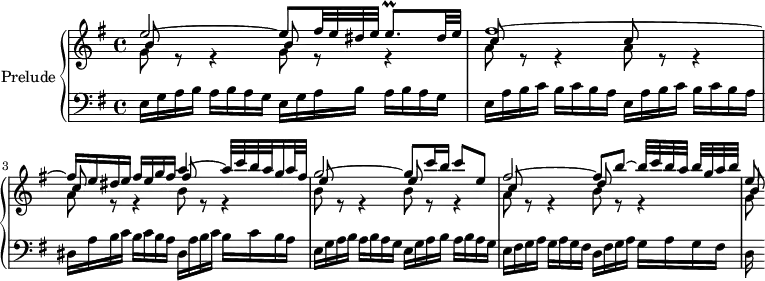 
\version "2.18.2"
\header {
  tagline = ##f
}

upper = \relative c'' {
    \clef treble 
    \key e \minor
    \time 4/4
    \tempo 4 = 63
    \set Staff.midiInstrument = #"harpsichord"

   %% PRÉLUDE CBT I-10, BWV 855, mi mineur
   << { e2~ e8 fis32 e dis e e8.\prall dis32 e | fis1~ | fis16 e dis e fis e g fis a4~ a32 c b a g16 a32 fis g2~ g8 c16 b c8 e, fis2~ fis8 b~ b32[[ c b a] b[ g a b]] e,8~ } \\ { \repeat unfold 2 { g,8 r8 r4 } \repeat unfold 3 { a8 r8 r4 } b8 r8 r4 \repeat unfold 2 { b8 r8 r4 } a8 r8 r4 b8 r8 r4 g8 } \\ { \repeat unfold 2 { b8 s8 s4 } \repeat unfold 3 { c8 s8 s4 } fis8 s8 s4 \repeat unfold 2 { e8 s8 s4 } c8 s8 s4 d8 s8 s4 b8 } >>
   
}

lower = \relative c {
    \clef bass 
    \key e \minor
    \time 4/4
    \set Staff.midiInstrument = #"harpsichord"

    \repeat unfold 2 { e16 g a b a b a g }
    \repeat unfold 2 { e16 a b c b c b a }
    \repeat unfold 2 { dis,16 a' b c b c b a }
    \repeat unfold 2 { e16 g a b a b a g }
    e16 fis g a g a g fis d fis g a g a g fis d16
}

\score {
  \new PianoStaff <<
    \set PianoStaff.instrumentName = #"Prelude"
    \new Staff = "upper" \upper
    \new Staff = "lower" \lower
  >>
  \layout {
    \context {
      \Score
      \remove "Metronome_mark_engraver"
      \override SpacingSpanner.common-shortest-duration = #(ly:make-moment 1/3) 
    }
  }
  \midi { }
}
