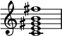  {
\override Score.TimeSignature #'stencil = ##f
\relative c' { 
  \clef treble \time 4/4
  <c e gis b fis'>1
} }
