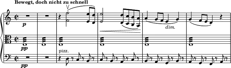 
{ \new PianoStaff <<
\new Staff \relative f' { \set Staff.midiInstrument = #"paino" \key a \minor \clef treble \time 2/2 \set Score.tempoHideNote = ##t \tempo "Bewegt, doch nicht zu schnell" 4 = 120
  R1*2\p | % 3
  r4 <f f'>2 (
  \upbow <e e'>8 <d d'>8 ) | % 4
  <e e'>2 \< <d d'>8 ( <c c'>8 <b b'>8 <a a'>8 ) | % 5
  a'4 \! ( g8 f8 e4 _\markup{ \italic {dim.} } g4 ) | % 6
  g4 ( f8 e8 d4 ) r4 }
\new Staff \relative e { \set Staff.midiInstrument = #"piano" \key a \minor \clef alto \time 2/2
  e1 \pp :32 | % 2
  e1 :32 | % 3
  e1 :32 | % 4
  e1 :32 | % 5
  e1 :32 | % 6
  e1 :32 }
\new Staff \relative d { \set Staff.midiInstrument = #"piano" \key a \minor \clef bass \time 2/2
  R1*2\pp | % 3
  r4 ^"pizz." d8 r8 c8 r8 b8 r8 | % 4
  c8 r8 b8 r8 a8 r8 c8 r8 | % 5
  b8 r8 a8 r8 g8 r8 b8 r8 | % 6
  a8 r8 g8 r8 f8 r8 a8 r8 }
>> }
