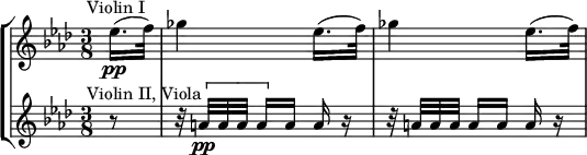 
\new StaffGroup <<
\new Staff \relative c'' {
\time 3/8
\key aes \major
\set Score.barNumberVisibility = #all-bar-numbers-visible
\set Score.currentBarNumber = #75
\bar ""
\override TextScript #'X-offset = #-3
\partial 8 es16.(\pp^"Violin I" f32) |
\repeat unfold 2 { ges4 es16.(f32) | }
}
\new Staff \relative c'' {
\key aes \major
\override TextScript #'X-offset = #-3
r8^"Violin II, Viola" |
r32 \[ a[\pp a a] a16[ \] a] a r |
r32 a[ a a] a16[ a] a r |
}
>>
