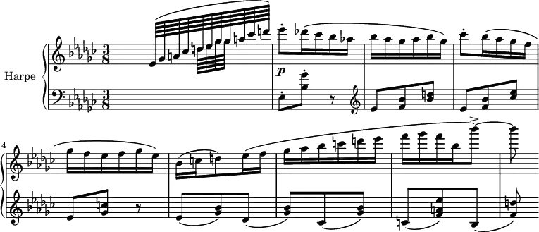 
\header {
  tagline = ##f
}
upper = \relative c' {
  \clef treble 
  \key ges \major
  \time 3/8
  \tempo 8 = 152
  %\autoBeamOff
   \set Staff.midiInstrument = #"orchestral harp"
  \partial 8 s16 
  \times 4/11 { \autoBeamOn << { ees64( ges a! ces d! ees ges ges a ces d!) } \\ { s64*4 d,!64[ ees ges ges] } >> }
  ees'8-.\p des!16( ces bes aes! bes aes ges aes bes ges)
  ces8-. bes16( aes ges f ges f ees f ges ees)
  bes16( c! d!8) ees16( f ges aes bes c! d! ees f ges f bes, bes'8~->) bes8
}
lower = \relative c {
  \clef bass
  \key ges \major
  \time 3/8
  \set Staff.midiInstrument = #"orchestral harp"
  s8 ees8-. < ges' bes, >8-. r8
  \clef treble ees8 < bes' f >8 < d! bes >
  ees,8 < bes' f >8 < ees ces > ees, < c'! ges > r8
  ees,8( < bes' ges >8) des,( < bes' ges >) ces,( < bes' ges >)
  c,!( < ees' a,! f >8) bes,( < d'! f, >)
}
\score {
  \new PianoStaff <<
    \set PianoStaff.instrumentName = #"Harpe"
    \new Staff = "upper" \upper
    \new Staff = "lower" \lower
  >>
  \layout {
    \context {
      \Score
      \remove "Metronome_mark_engraver"
    }
  }
  \midi { }
}
