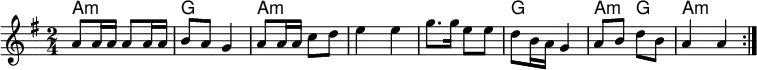 
<<
\new ChordNames \chordmode {
  \set chordChanges = ##t
  a4:m a4:m |%1
  g4 g4     |%2
  a4:m a4:m |%3
  a4:m a4:m |%4
  a4:m a4:m |%5
  g4 g4     |%6
  a4:m g4   |%7
  a4:m a4:m |%8
}
\new Staff \relative c''{
\key a \dorian
\time 2/4
\repeat volta 2 { %start repeat
   a8 a16 a a8 a16 a |%1
   b8 a g4           |%2
   a8 a16 a c8 d     |%3
   e4 e4             |%4
   g8. g16 e8 e      |%5
   d8 b16 a g4       |%6
   a8 b8 d8 b8       |%7
   a4 a4             |%8
  } %end repeat
}
>>
