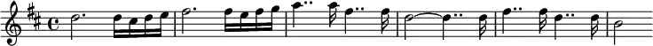 
{
 \time 4/4 
\set Score.tempoHideNote = ##t
\tempo 4 = 160
\key d \major 
d''2. d''16 cis'' d'' e'' | fis''2. fis''16 e'' fis'' g'' | a''4.. a''16 fis''4.. fis''16 | d''2~ d''4.. d''16 | fis''4.. fis''16 d''4.. d''16 | b'2
}
