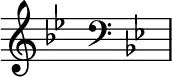 { \new Staff \with{ \magnifyStaff #3/2 } << \time 2/16 \override Score.TimeSignature #'stencil = ##f { \clef treble \key bes \major s16 \clef bass \key bes \major s16 } >> }