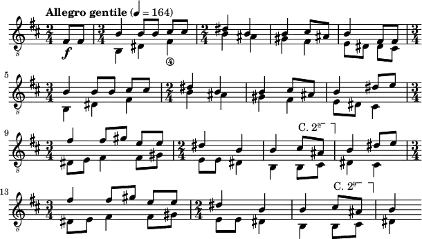 
\header { tagline = "" }
foo = \relative c \new Staff {
  \key d \major \time 2/4 \clef "treble_8"
  \set Staff.midiInstrument = "acoustic guitar (nylon)"
      \overrideTimeSignatureSettings
        3/4        % timeSignatureFraction
        1/4        % baseMomentFraction
        #'(1 1 1)    % beatStructure
        #'()       % beamExceptions
  \tempo "Allegro gentile" 4 = 164
  \partial 4 fis8\f fis \time 3/4
  << {
  \override TextSpanner #'dash-fraction = #'()
  \override TextSpanner #'font-shape = #'upright
  \override TextSpanner #'(bound-details left text) = \markup { "C. 2ª" }
  \override TextSpanner #'(bound-details right text) = \markup { \draw-line #'(0 . -2) }
  \override TextSpanner #'(bound-details right padding) = #-3
  \override TextSpanner #'(bound-details left stencil-align-dir-y) = #0.8
    b4 b8 b cis cis | \time 2/4 dis4 b | b cis8 ais | b4
    fis8 fis | \break \time 3/4 b4 b8 b cis cis | \time 2/4 dis4 b | b cis8 ais | b4
    dis8 e | \break \time 3/4 fis4 fis8 gis e e | \time 2/4 dis4 b | b cis8 \startTextSpan ais \stopTextSpan | b4
    dis8 e | \break \time 3/4 fis4 fis8 gis e e | \time 2/4 dis4 b | b cis8 \startTextSpan ais \stopTextSpan | b4
  } \\ {
    b,4 dis fis_\4 | b ais | gis fis | e8 dis
    dis cis | b4 dis fis | b ais | gis fis | e8 dis
    cis4 | dis8 e fis4 fis8 gis | e e dis4 | b b8 cis | dis4
    cis4 | dis8 e fis4 fis8 gis | e e dis4 | b b8 cis | dis4
  } >>
}
\score {
  \foo
  \layout {
    indent = 0\cm
    line-width = #150
  }
  \midi {}
}
