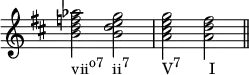 
{
  \set Score.proportionalNotationDuration = #(ly:make-moment 1/4)
\override Score.TimeSignature
#'stencil = ##f
\time 4/4 
\key d \major
\relative c'' { 
      <b d f aes>2_\markup { \concat { "vii" \raise #1 \small "o7" \hspace #1.2 "ii" \raise #1 \small "7"  \hspace #4.7 "V" \raise #1 \small "7" \hspace #4 "I" } } <b d e g> <a cis e g> <a d fis> \bar "||"
   }
}
