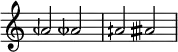  {
\override Score.TimeSignature
#'stencil = ##f
    \relative c'' {
        \time 4/4
        aeh2 aeseh
        aih aisih
    }  }
