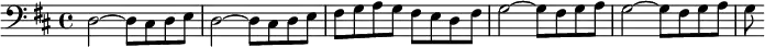 
{
 \time 4/4 
\set Score.tempoHideNote = ##t
\tempo 4 = 160
\clef "bass"
\key d \major 
d2~ d8 cis d e | d2~ d8 cis d e | fis g a g fis e d fis | g2~ g8 fis g a | g2~ g8 fis g a | g
}
