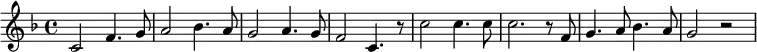 {\set Staff.midiInstrument = #"electric piano 1" \key f \major c'2 f'4. g'8 a'2 bes'4. a'8 g'2 a'4. g'8 f'2 c'4. r8 c''2 c''4. c''8 c''2. r8 f'8 g'4. a'8 bes'4. a'8 g'2 r2}