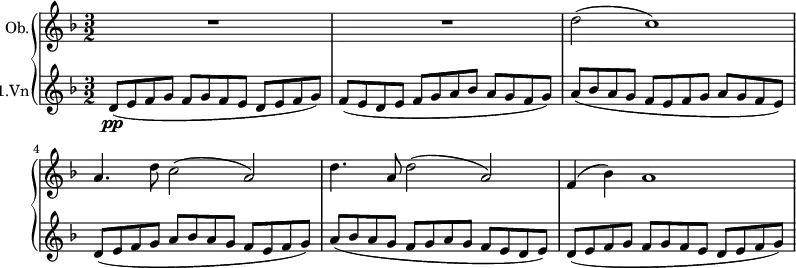  { \new PianoStaff << \new Staff \relative c' { \set Staff.instrumentName = #"Ob." \clef treble \key d \minor \time 3/2 \set Staff.midiInstrument = #"oboe" R1. | R1. | d'2( c1) | a4. d8 c2( a) | d4. a8 d2( a) | f4( bes) a1 } \new Staff \relative c' { \set Staff.instrumentName = #"1.Vn" \set Staff.midiInstrument = #"violin" \clef treble \key d \minor \time 3/2 d8(\pp e f g f g f e d e f g) | f( e d e f g a bes a g f g) | a( bes a g f e f g a g f e) | d( e f g a bes a g f e f g) | a( bes a g f g a g f e d e) | d( e f g f g f e d e f g) } >> } \midi{\tempo 4 = 100}