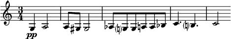 
\relative c' {
  \set Staff.midiInstrument = #"violin"
  \set Score.tempoHideNote = ##t \tempo 4 = 60
  \key c \major \time 3/4
  g4\pp a2|
a8 gis gis2|
 as8 g? g a a bes |
  c4. b? | c2 |
   |
}
