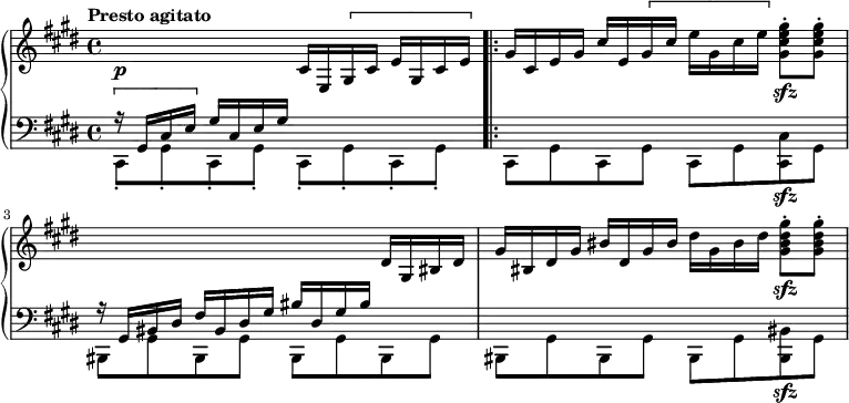 
\new PianoStaff <<
  \new Staff = "right" \with {
    midiInstrument = "acoustic grand"
  } \relative c'' { \set Score.tempoHideNote = ##t \tempo "Presto agitato" 4 = 160
    \key cis \minor
    \time 4/4
    %1
      s2\p cis,16 e, \[ gis cis e gis, cis e \] \bar ".|:" 
      gis cis, e gis cis e, \[ gis cis e gis, cis e \] <gis, cis e gis>8\sfz-. <gis cis e gis>-.
    %2
      s2. dis16 gis, bis dis
    %3    
      gis bis, dis gis bis dis, gis bis dis gis, bis dis <gis, bis dis gis>8-.\sfz <gis bis dis gis>-.
  }
  \new Staff = "left" \with {
    midiInstrument = "acoustic grand"
  } {
    \clef bass \relative c' {
      \key cis \minor
      \time 4/4
      \tempo "Presto agitato." 
      % impossible d'afficher le premier ! 
      %1
        << { \[ r16 gis,16 cis e \] gis16 cis, e gis s2 } \\ { cis,,8-. gis'-.  cis,-. gis'-. cis,-. gis'-. cis,-. gis'-.}>> \stemDown \bar ".|:"
      %2
        cis, gis' cis, gis' cis, gis' <cis, cis'>\sfz gis'
      %3
        <<{r16 gis bis dis fis bis, dis gis bis dis, gis bis s4}\\{bis,,8 gis' bis, gis' bis, gis' bis, gis'}>>
        bis, gis' bis, gis' bis, gis' <bis, bis'>\sfz gis'
    }
  }
>>
\midi { }
