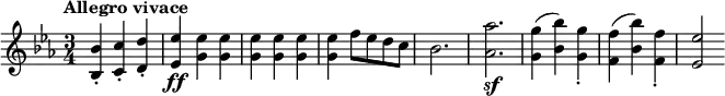 
\new Staff
  \relative c'{
  \clef treble
  \key ees \major
  \time 3/4
  \tempo "Allegro vivace" \tempo 2. = 116
  <bes bes'>4_. <c c'>_. <d d'>_. <es es'> _\ff <g es'> q q q q q f'8 es d c bes2. <as as'> _\sf <g g'>4 (<bes bes'>) <g g'>_. <f f'> (<bes bes'>) <f f'>_. <es es'>2
}
