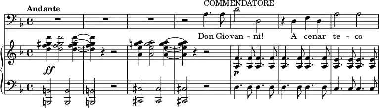 
{
      <<
        \new Staff <<
            \tempo Andante
            \relative c' {
                \set Score.tempoHideNote = ##t \tempo 4 = 86
                \set Staff.midiInstrument = #"trombone"
                \clef bass \key d \minor \time 4/4
                R1 R1 R1 r2 a4.^\markup { COMMENDATORE } a8 d2 d, r4 d f d a'2 a
                }
                \addlyrics { Don Gio -- van -- ni! A ce -- nar te -- co }
            >>
      \new PianoStaff <<
        \new Staff <<
           \set Staff.midiInstrument = #"string ensemble 1"
           \clef treble \key d \minor \time 4/4
           \relative c'' {
                \override DynamicLineSpanner.staff-padding = #3
                <d f gis d'>4\ff <d f gis d'>2 <d f gis d'>4~ <d f gis d'>4 r4 r2 <a e' g! a>4 <a e' g a>2 <a e' g a>4~ <a e' g a>4 r4 r2 <a, f'>4.\p <a f'>8 <a f'>4. <a f'>8 <a f'>4. <a f'>8 <a f'>4. <a f'>8 <a e'>4. <a e'>8 <a e'>4. <a e'>8
                }
            >>
        \new Staff <<
           \clef bass \key d \minor \time 4/4
           \relative c, {
                <b b'>2 <b b'> <b b'> r <cis cis'> <cis cis'> <cis cis'> r d'4. d8 d4. d8 d4. d8 d4. d8 c4. c8 c4. c8
                }
            >>
    >>  >> }
