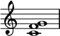  {
\override Score.TimeSignature #'stencil = ##f
\relative c' { 
  \clef treble \time 4/4
  <c f g>1
} }
