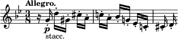 
  \relative c'' { \clef treble \key g \minor \time 3/8 \tempo "Allegro." r16 g-.]\p_"stacc." d'-.[ gis,-.] cis-.[ a-.] | c!-.[ a-.] bes-.[ g!-.] es-.[ c!-.] | cis-. d-. }
