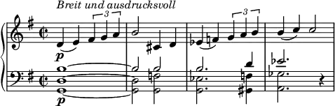 
\relative c' {
  \new PianoStaff <<
    \new Staff {
      \set Staff.midiInstrument = #"piano" \key g \major \clef treble \time 2/2 \set Score.tempoHideNote = ##t \stemUp \tempo 2 = 55
      d4 \p ^\markup \italic {"Breit und ausdrucksvoll" } (e4) \tuplet 3/2 { fis4 g4 a4 } |
      b2 cis,4 d4 |
      es4 (f4) \tuplet 3/2 { g4 a4 b4 } |
      b4 (c4) c2 |
    }
    \new Staff <<
      \new Voice \relative c' {
        \stemUp \clef bass \key g \major \time 2/2
        b1 ^~ |
        b2 b2 |
        b2. d4 |
        ees2. r4 |
      }
      \new Voice \relative c {
        \stemDown
        <g d'>1 \p ~ |
        <g d'>2 <g f'>2 |
        <g ees'>2. <gis f'>4 |
        <a ges'>2. s4 |
      }
    >>
  >>
}

