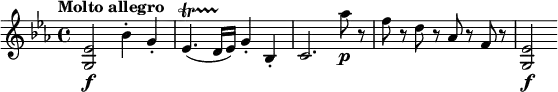 
\relative c' {
  \key es \major
  \tempo "Molto allegro"
 <g es'>2\f bes'4-. g-. es4.\startTrillSpan( d16\stopTrillSpan es) g4-. bes,-. c2. as''8\p r f r d r as r f r <g, es'>2\f
}
