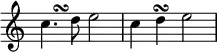  {
\override Score.TimeSignature #'stencil = ##f
<< \clef treble
    \relative c'' {
        \stemNeutral c4. d8 e2  c4 d\turn e2
    } \\ {
        s4 s^\turn
    }
>>
}
