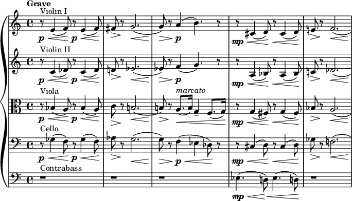  {\new PianoStaff {<<

\new Staff \relative c'{\set Staff.midiInstrument=#"violin" \time 4/4 \set Score.tempoHideNote = ##t \tempo "Grave" 4=50 \autoBeamOff \clef treble \key c \major ^"Violin I" |r8 \p \< e4(f8)\! r8 \p \< e4(f8)\!|\> fis8 r8 \! << g2.({ s4\< s4 s4 } >>\!|\> g8) r8 a4(\p b4.) r8|r8 \mp \< cis,4(d8) \! r8 \< cis4(d8)\!|\> e!8 r8 \! << f2.( { s4\< s4 s4 } >>\!|)}

\new Staff \relative c'{\set Staff.midiInstrument=#"violin" \time 4/4 \autoBeamOff \clef treble \key c \major ^"Violin II" |r8 \p \< c4(des8)\! r8 \p \< c4(des8)\!|\> d!8 r8 \! << ees2.({ s4\< s4 s4 } >>\!|\> ees8) r8 f4(\p g4.) r8|\mp \< r8 a,4(bes8) \! r8 \< a4(bes8)\!|\> c!8 r8 \! << des2.({ s4\< s4 s4 } >>\!|)}

\new Staff \relative c'{\set Staff.midiInstrument=#"viola" \time 4/4 \autoBeamOff \clef alto \key c \major ^"Viola" |r8 \p \< bes4(a8)\! r8 \p \< bes4(a8)\!|\> c8 r8 \! << b!2.({ s4\< s4 s4 } >>\!|\> b!8) r8 \! a8.(^\markup {\italic "marcato"} \< [b16]) g4-- f8.([g16])\!|\mp \< r8 g4(fis8) \! r8 \< g4(fis8)\!|\> bes8 r8 \! << a2.({ s4\< s4 s4 } >>\!|)}

\new Staff \relative c'{\set Staff.midiInstrument=#"cello" \time 4/4 \autoBeamOff \clef bass \key c \major ^"Cello" |r8 \p \< ges4(f8)\! r8 \p \< ges4(f8)\!|\> aes8 r8 \! << g2.({ s4\< s4 s4 } >>\!|\> g8) r8 f4(\p \< ees4 des8) \! r8|r8 \mp \< cis4(d8) \! r8 \< cis4(d8)\!|\> ges8 r8 \! << f!2.({ s4\< s4 s4 } >>\!|)}

\new Staff \relative c'{\set Staff.midiInstrument=#"contrabass" \time 4/4 \autoBeamOff \clef bass \key c \major ^"Contrabass" |r1|r1|r1|\mp \< ees,4.(d!8) \! \< ees4.(d!8)\!|r1|}>>}}