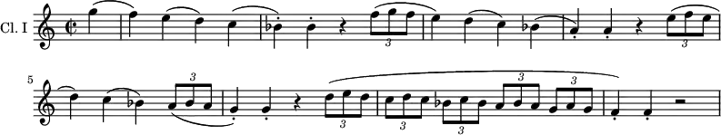 
\new Staff \with {
  instrumentName = "Cl. I "
} 
\relative c''' { 
  \transpose bes c'
  \set Staff.midiInstrument = #"clarinet"
  \key c \major
  \time 2/2
  \partial4 g4( f) e( d) c( bes-.) bes-. r4 \tuplet 3/2 { f'8( g f } e4) d( c) bes( a-.) a-.
  r4 \tuplet 3/2 { e'8( f e } d4) c( bes) \tuplet 3/2 { a8( bes a } g4-.) g-.
  r4 \tuplet 3/2 { d'8( e d } \tuplet 3/2 { [c8 d c] } \tuplet 3/2 { bes c bes } 
  \tuplet 3/2 { [a bes a] }   \tuplet 3/2 { g a g } f4-.) f-.\stopTextSpan r2
}
