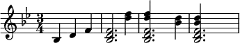 {\set Staff.midiInstrument = #"brass section" \key g \minor \time 3/4 bes d' f' <<{<bes d' f'>2.} {\skip2 <d'' f''>4}>> <<{<bes d' f'>2.} {<d'' f''>4 \skip4 <bes' d''>4}>> <<{<bes d' f'>2.} {<bes' d''>4} \skip2>> }