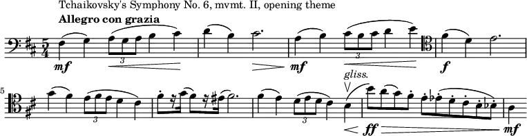 
    \relative c {
        \set Score.tempoHideNote = ##t \tempo 4 = 144
        \set Staff.midiInstrument = #"cello"
        \clef bass
        \key d \major
        \time 5/4
        fis4\mf(^\markup {
              \column {
                \line { Tchaikovsky's Symphony No. 6, mvmt. II, opening theme }
                \line { \bold { Allegro con grazia } }
            }
        }
        g) \tuplet 3/2 { a8(\< g a } b4 cis)\!
        d( b) cis2.\>
        a4(\mf b) \tuplet 3/2 { cis8(\< b cis } d4 e)\!
        \clef tenor
        fis(\f d) e2. \break
        g4( fis) \tuplet 3/2 { e8( fis e } d4 cis)
        fis8-. [ r16 g( ] fis8) [ r16 eis( ] fis2.)
        fis4( e) \tuplet 3/2 { d8( e d } cis4) b\upbow(\<^\markup { \italic gliss. }
        b'8)\ff\> [ a( g) fis-. ] e-. [ es-.( d-. cis-. b-. bes-.) ]
        a4\mf
}

