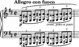 
\new PianoStaff <<
\new Staff = "Up" \with { \magnifyStaff #3/4 } <<
\new Voice \relative c' {
\clef treble
\key b \minor
\tempo "Allegro con fuoco"
\set Score.tempoHideNote = ##t \tempo 2 = 72
\time 2/2
\tupletSpan 4
\omit TupletBracket
\tuplet 3/2 {<fis, fis'>8 \p ^(_\([<eis eis'> <fis fis'>] <g g'> <gis gis'> <a a'>\) <gis gis'>_\markup{\italic cresc. \italic poco \italic a \italic poco} _\([<fisis fisis'> <gis gis'>] <a a'> <ais ais'> <b b'>\)} \hide r16)
}
>>
\new Staff = "Down" \with { \magnifyStaff #3/4 } <<
\new Voice \relative c{
\clef bass
\key b \minor
\tupletSpan 4
\omit TupletBracket
\tuplet 3/2 {<fis,, fis'>8 _\([<eis eis'> <fis fis'>] <g g'> <gis gis'> <a a'>\) <gis gis'> _\([<fisis fisis'> <gis gis'>] <a a'> <ais ais'> <b b'>\)} s16
}
>>
>>
