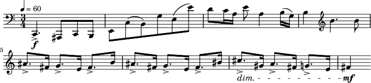 
  \relative c { \clef bass \time 3/4 \key c \major \tempo 4 = 60 c,4.->\f ais8 c b | e c'( b) g' e( e') | d c16 a e'8 a,4 b16( g) | b4 \clef treble b'4. b8 | ais8.-> fis16 g8.-> e16 fis8.-> b16 | ais8.-> fis16 g8.-> e16 fis8.-> bis16 | cis8.->\dim gis16 a8.-> fis16 g8.-> e16 | fis4\mf }
