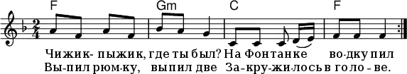 
\header { tagline = ##f }
\layout { indent = 0\cm }

kords = \new ChordNames { \set ChordNames.midiInstrument = #"acoustic guitar (nylon)"
          \chordmode { \time 2/4 \repeat volta 2 { f,2 | g,:m | c, | f, } }
}

melody = \relative c'' { \set Staff.midiInstrument = #"clarinet"
  \time 2/4 \key f \major \repeat volta 2 {
    a8 f a f | bes a g4 |
    c,8 c c d16 [(e)] | f8 f f4 \bar ":|."
  }
} % As found in Rappaport (2016) (Kirkman & Ivashkin)

verse = \lyricmode {
  Чи -- жик- пы -- жик, где ты был?
  На Фон -- тан -- ке во -- дку пил }
verseR = \lyricmode { Вы -- пил рюм -- ку, вы -- пил две
  За -- кру -- жи -- лось в_го -- ло -- ве. }

\score {
  \layout { }
  <<
    { \kords }
    { \melody }
    \addlyrics { \verse }
    \addlyrics { \verseR }
  >>
}

\score { \unfoldRepeats { << \melody \\ \kords >> }
  \midi { \tempo 4=80 \context { \ChordNames midiMaximumVolume = #0.6 } }
}
