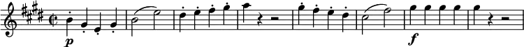 
\relative b' {
 \key e \major \time 2/2
 \set Score.tempoHideNote = ##t \tempo 1 = 116
 \set Staff.midiInstrument = "violin"
 b4-.\p gis-. e-. gis-. |
 b2(e) |
 dis4-. e-. fis-. gis-. |
 a4 r r2 |
 gis4-. fis-. e-. dis-. |
 cis2(fis) |
 gis4\f gis gis gis |
 gis r4 r2 |
}
