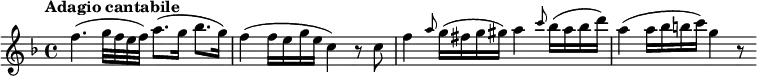  {\set Staff.midiInstrument = #"violin" \key f \major \tempo "Adagio cantabile" \tempo 4 = 60

f''4.( g''32 f''32 e''32 f''32) a''8. (g''16 bes'' 8. g''16) f''4 ( f''16 e''16 g''16 e''16 c''4) r8

c''8 f''4 \grace {a''8} (g''16 fis''16 g''16 gis''16) a''4 \grace {c'''8} (bes''16 a''16 bes''16 d'''16) a''4 ( a''16 bes''16 b''16 c'''16) g''4 r8 }