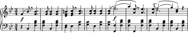 
 \relative c' {
  \new PianoStaff <<
   \new Staff { \key g \minor \time 3/4
    <<
   {
      f4( bes8) r <f bes>4. <f bes>8 <f bes>4 <f bes> <d f b> <ees g c>8 r <g c>4. <g c>8 <g c>4 <g c> <g c>( g'2)(\( a4) <a, ees'>8\) r <a ees'>4. <a ees'>8( f'2)(\( g4) <bes, d>\) r
   }
    \\
   {
     s4 s8 s s4. s8 s4 s s s8 s s4. s8 s4 s s ees2.\f s8 s s4. s8 d2.
   }
    >>
   }
   \new Dynamics {
    s\f
      }
   \new Staff { \key g \minor \time 3/4 \clef bass
      r4 bes,, <f' bes d> <f bes d> bes, <f' bes d> <d f> ees <g c> <g c> ees <g c> <g c> <f, f'> <f' c' ees> <f c' ees> f, <f' c' ees> <f c' ees> bes, <f' bes d> <f bes d> bes, <f' bes d>
   }
  >>
 }
