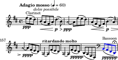 
\header { tagline = ##f }
\score {
  \new Staff \with{ \magnifyStaff #4/5 }{
    \override Score.SpacingSpanner #'common-shortest-duration = #(ly:make-moment 1 2)
    \relative c'' {
      \key d \major \time 4/4 \partial 8*3
      \override Score.MetronomeMark.font-size = #-1
      \tempo "Adagio mosso" 4 = 60
      \set Score.currentBarNumber = #154
      \set Staff.midiInstrument = #"clarinet"
      fis8(^\markup{"Clarinet"} \ppp e d)^\markup{\italic "dolce possibile"} |
      b( \< a fis a) d4.( \p \> b8) a2 \ppp ~a8 
      fis'( e d) a( \< fis d fis) b4..( \p \> a16) a2 ~a8\pppp 
      fis( e d)  a2^\markup{\bold "ritardando molto"} ~a8
      fis'( e d) a2\>\! ~a8 
      fis'(_\markup{\dynamic "ppppp" } e d) b( a fis d)
      \clef bass 
      \set Staff.midiInstrument = #"bassoon"
      \override Stem.color     = #(x11-color 'blue)
      \override NoteHead.color = #(x11-color 'blue)
      \override Beam.color     = #(x11-color 'blue)
      %\override Slur.color     = #(x11-color 'blue)
      %\override Script.color = #(x11-color 'blue)
      b8(^\markup{"Bassoon"}_\markup {\dynamic "pppppp" } a fis d)\fermata 
    }
  }
  \layout {indent = 0\mm line-width = 90\mm}
}
\score {
  \new Staff{
    \relative c'' {
      \key d \major \time 4/4 \partial 8*3
      \set Staff.midiInstrument = #"clarinet"
      \tempo 4 = 57
      fis8(\p e d) | b( \< a fis a) d4.( \f \> b8)\p \tempo 4 = 48 a2 ~a8 
      \tempo 4 = 57
      fis'( e d) a( \< fis d fis) b4..( \f \> \tempo 4 = 48 a16)\p a2 ~a8 
      \tempo 4 = 57
      fis(\p e d) \tempo 4 = 42 a2 ~a8 
      \tempo 4 = 48
      fis'(\pp e d) \tempo 4 = 36 a2 ~a8 
      \tempo 4 = 40
      fis' e  d) \tempo 4 = 32 b( a \tempo 4 = 28 fis\pp \tempo 4 = 24 d)
      \clef bass 
      \set Staff.midiInstrument = #"bassoon"
      b8( \ffff \tempo 4 = 22 a \tempo 4 = 20 fis \tempo 4 = 10 d)
    }
  }
  \midi {}
}
