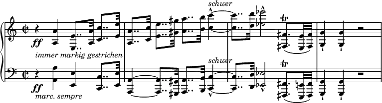 
{ \new PianoStaff <<
\new Staff \relative a { \set Staff.midiInstrument = #"piano" \key a \minor \clef treble \time 2/2 \set Score.tempoHideNote = ##t \tempo 2 = 50
  r4 \ff _\markup{ \italic {immer markig gestrichen} } <a a'>4 <e e'>8.. <a a'>32 <c c'>8.. <e e'>32 | % 2
  <a, a'>8.. <c c'>32 <e e'>8.. <gis gis'>32 <a a'>8.. <b b'>32 <c c'>4 ^\markup{ \italic {schwer} }
  ~ ^^ ~ | % 3
  <c c'>8.. <d d'>32 <es es'>2 ^^ <fis,, fis'>8. ( \trill <e e'>32
  <fis fis'>32 ) | % 4
  <g g'>4 -! <g g'>4 -! r2 }
\new Staff \relative a, { \key a \minor \clef bass \time 2/2
  r4 \ff _\markup{ \italic {marc. sempre} } <a a'>4 <e e'>4 <c c'>8..
  <e e'>32 | % 2
  <a, a'>4 ~ ~ <a a'>8.. <gis gis'>32 <a a'>8.. <b b'>32 <c c'>4 ^\markup{ \italic {schwer} } ~ _^
  ~ | % 3
  <c c'>8.. <d d'>32 <es es'>2 _^ <fis, fis'>8. \trill ( <e e'>32 <fis fis'>32
  ) | % 4
  <g g'>4 -! <g g'>4 -! r2 }
>> }
