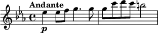 
\relative c'' {
  \tempo "Andante"
  \tempo 4 = 60
  \override TupletBracket #'stencil = ##f
  \override Score.BarNumber #'stencil = ##f
  \key es \major
  es4\p es8 f g4.g8 |
  g8 c d c b2 |
}
