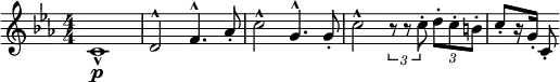 
  \relative c' { \clef treble \numericTimeSignature \time 4/4 \key c \minor
   c1-^\p | d2^^ f4.^^ aes8-. | c2^^ g4.^^ g8-. | c2^^ \times 2/3 { r8 r8 c-. } \times 2/3 { d-. c-. b-. } | c8-.[ r16 g-.] c,8-. }
