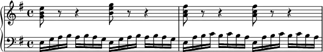 
  \new PianoStaff <<
    \new Staff {
      \time 4/4
      \clef treble
      \key e \minor
      \chordmode {
        g8:3.6 r r4 e'8:m/b r r4 | 
        \repeat unfold 2 { a8:3-.6 r r4 } |
      }
    }
    \new Staff {
      \clef bass
      \key e \minor
      \relative c {
        \repeat unfold 2 { e16 g a b a b a g } |
        \repeat unfold 2 { e a b c b c b a } |
      }
    }
  >>
