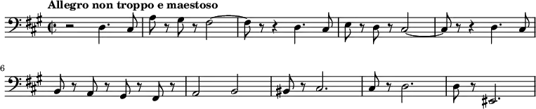 
 \relative c {
   \new Staff {
   \key fis \minor \time 2/2 \clef bass \tempo "Allegro non troppo e maestoso" 
    << 
     {
       r2 d4. cis8 a' r gis r fis2 ~ fis8 r r4 d4. cis8 e r d r cis2 ~
       cis8 r r4 d4. cis8 b r a r gis r fis r a2 b2 bis8 r cis2. cis8 r d2. d8 r eis,2.
     }
    >>
   }

 }
